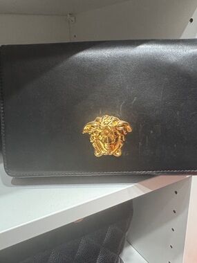 Black Versace Leather Clutch with Gold Medusa - with chain